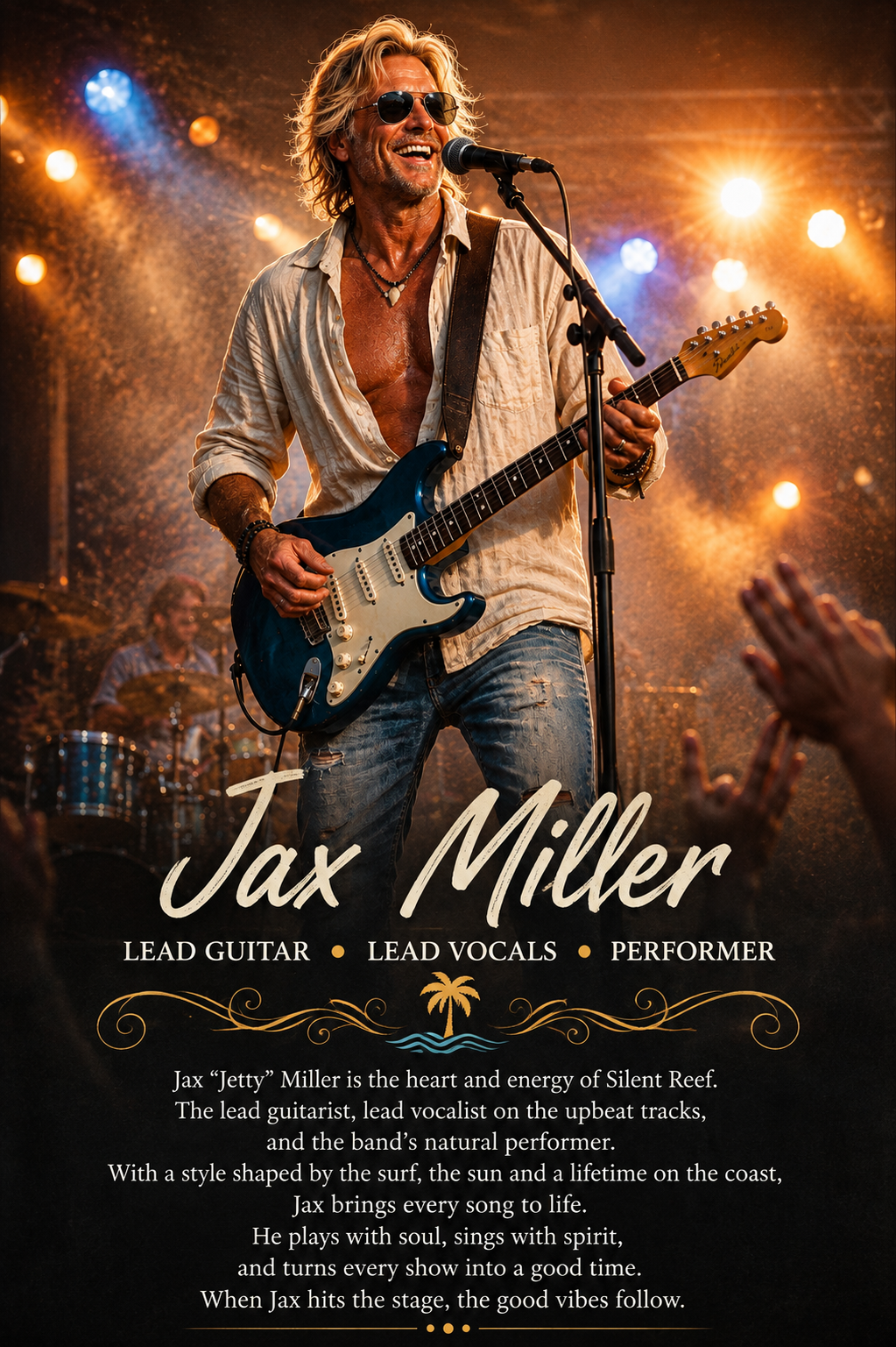 Jax Miller singing with his electric guitar under warm stage lights