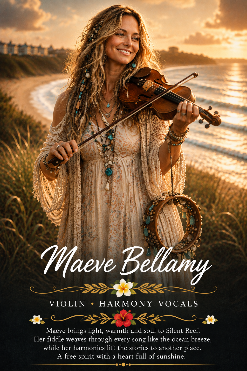 Maeve Bellamy playing violin by the ocean